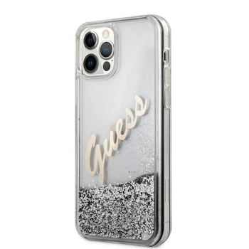 Etui Guess Glitter Vintage Script na iPhone 12 Pro Max - srebrne