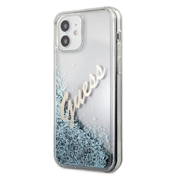 Etui Guess Glitter Vintage Script na iPhone 12 mini - niebieskie