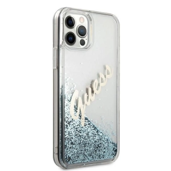 Etui Guess Glitter Vintage Script na iPhone 12 Pro Max - niebieskie