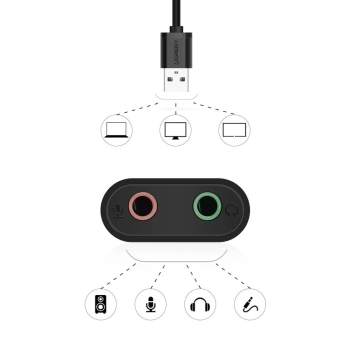 Ugreen zewnętrzna karta dźwiękowa muzyczna adapter USB - 3,5 mm mini jack 15cm czarny (30724)