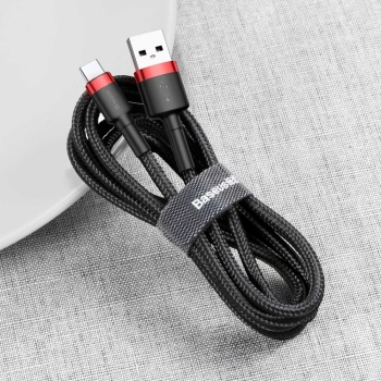 Baseus Cafule Cable wytrzymały nylonowy kabel przewód USB / USB-C QC3.0 2A 2M czarno-czerwony (CATKLF-C91)