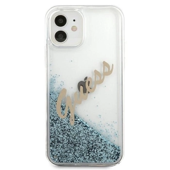 Etui Guess Glitter Vintage Script na iPhone 12 mini - niebieskie