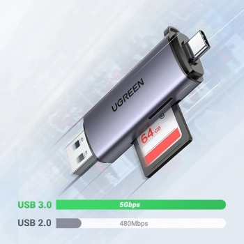 Czytnik Ugreen CM185 50706 do kart SD / micro SD na USB-A 3.0 / USB-C 3.0 - szary