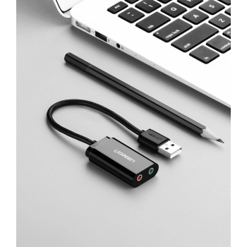 Ugreen zewnętrzna karta dźwiękowa muzyczna adapter USB - 3,5 mm mini jack 15cm czarny (30724)