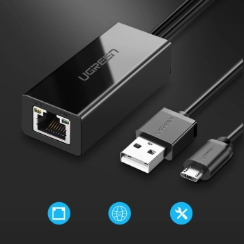 Karta sieciowa Ugreen 30985 zewnętrzna do Chromecast ze złączami micro USB / USB-A 100Mb/s 1m - czarna