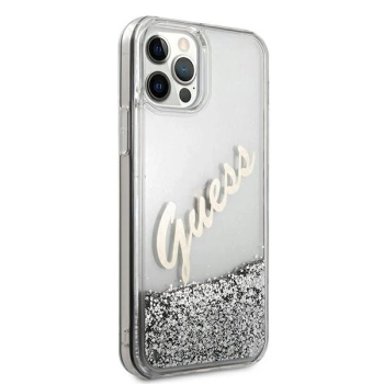 Etui Guess Glitter Vintage Script na iPhone 12 Pro Max - srebrne