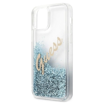 Etui Guess Glitter Vintage Script na iPhone 12 Pro Max - niebieskie