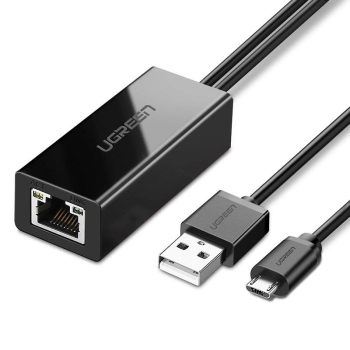 Karta sieciowa Ugreen 30985 zewnętrzna do Chromecast ze złączami micro USB / USB-A 100Mb/s 1m - czarna